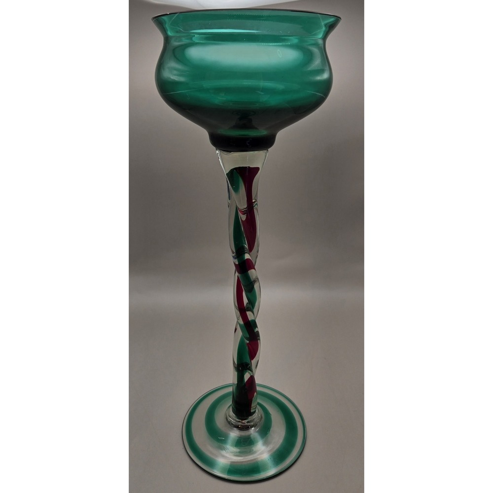 15" Art Glass Hand Blown Green And Red Vase Or Candle Holder By Jozefina Krosno